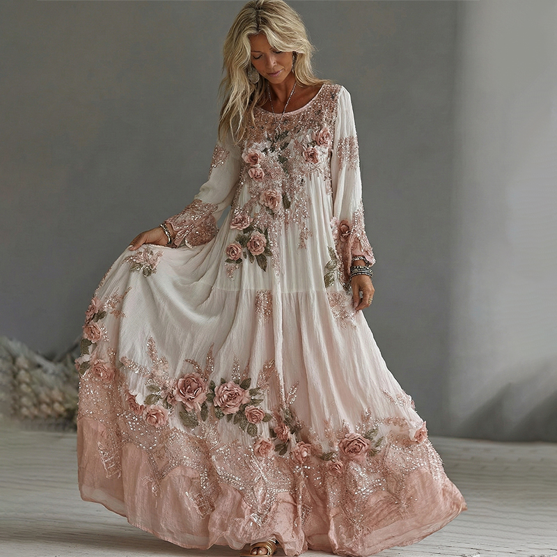Women's Vintage Floral Embroidery Art Print Flowy Linen Blend Maxi Dress