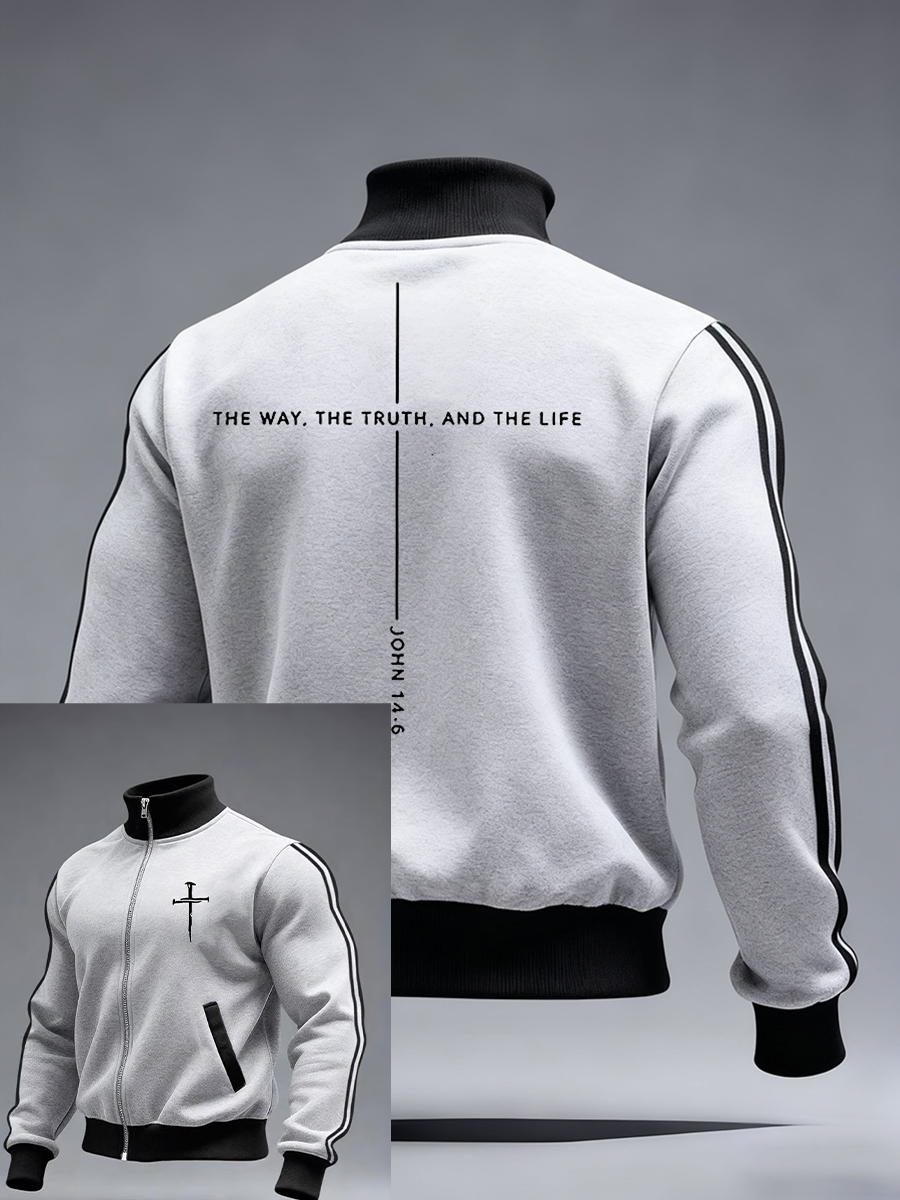 Men's Jesus The Way The Truth The Life John 14:6 Christian Cross Print Zipper Stand Collar Sweater
