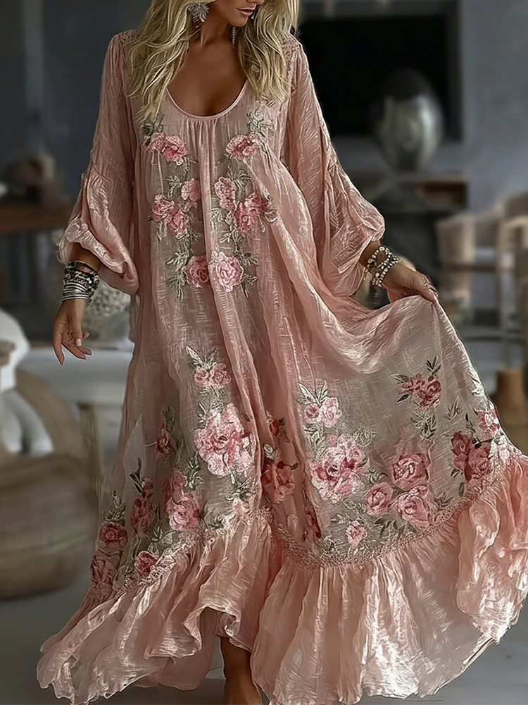 Women's Vintage Floral Art Flowy Linen Blend Casual Long Sleeve Maxi Dress