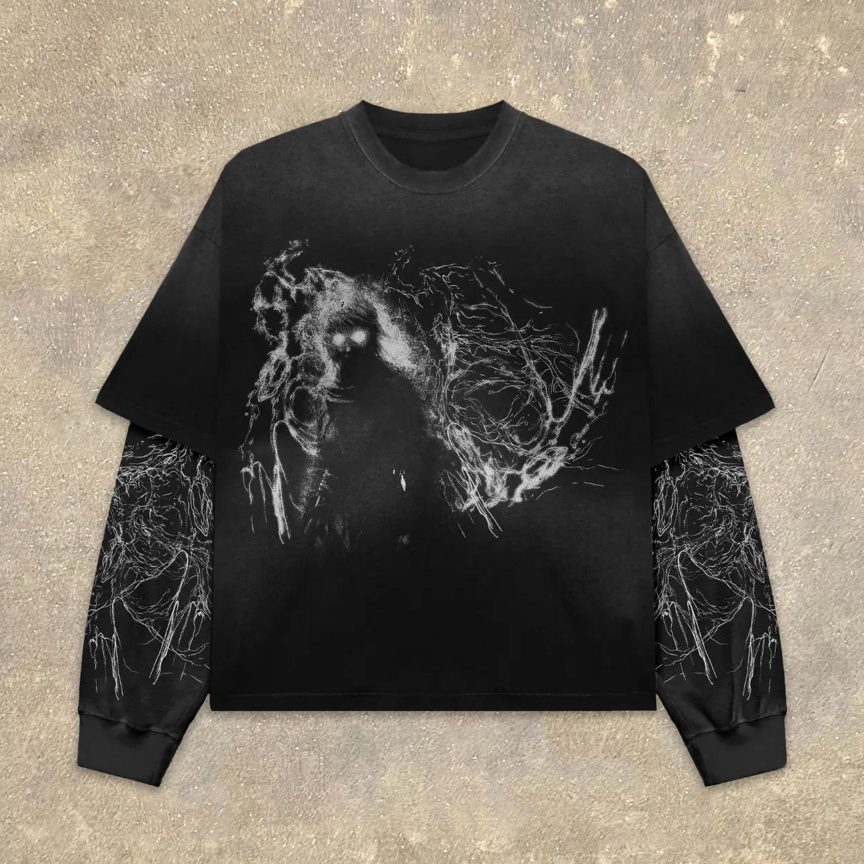 Fake Two Ghost Print Long Sleeve T-Shirt
