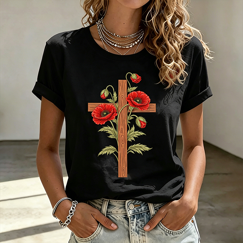 Women's Memorial Day Poppy Faith Art Printed T-Shirt