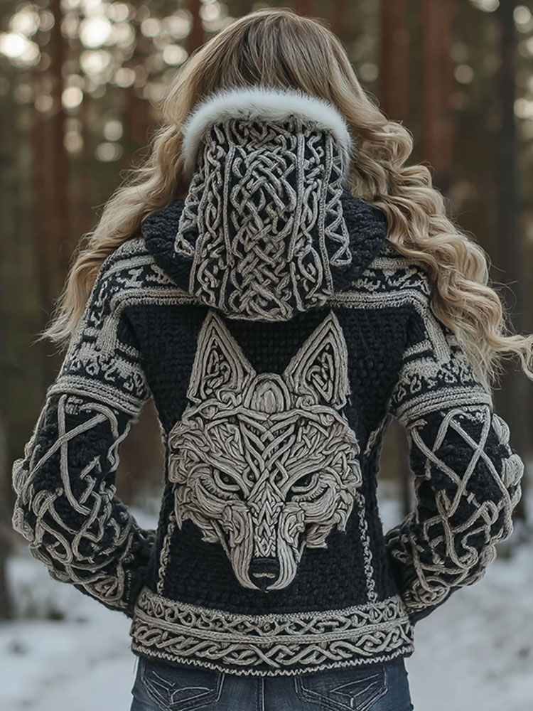 Women's Viking Wolf Celtic Knot Art Cozy Fur Collar Knit Hooded Sweater Jacket