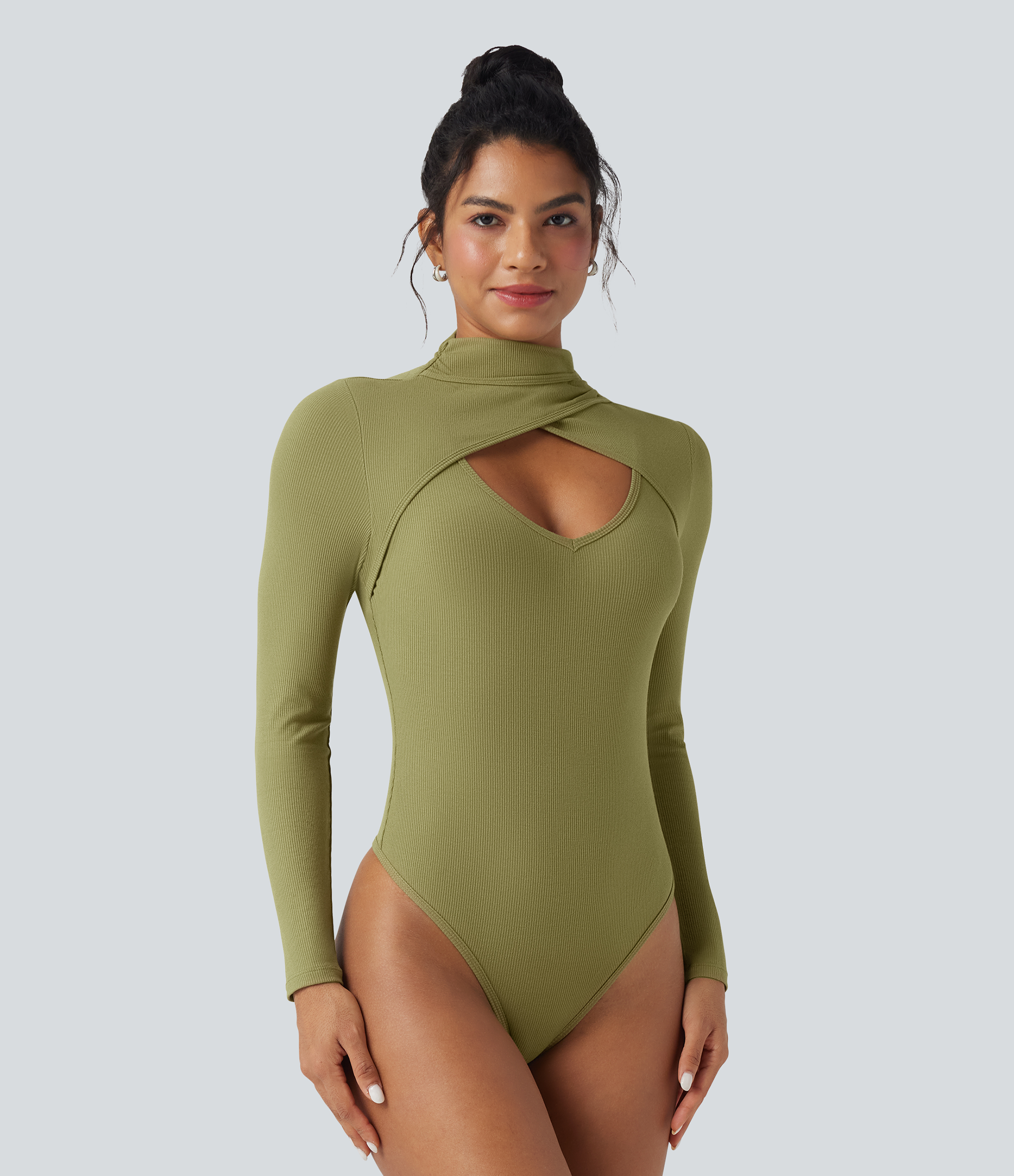 Ribbed Knit High-neck Cut-out Long Sleeve Skinny Work Bodysuit