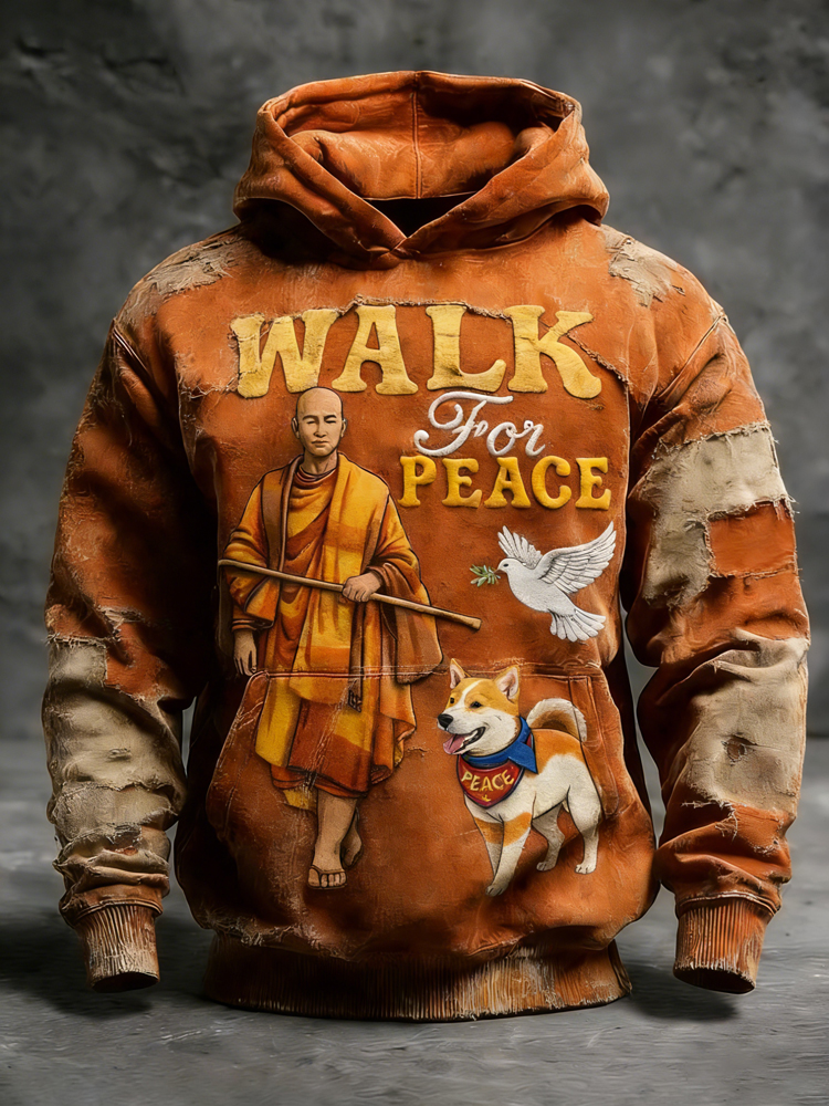 Men's Vintage Walk For Peace Monks With Aloka Dog Patchwork Print Hoodie