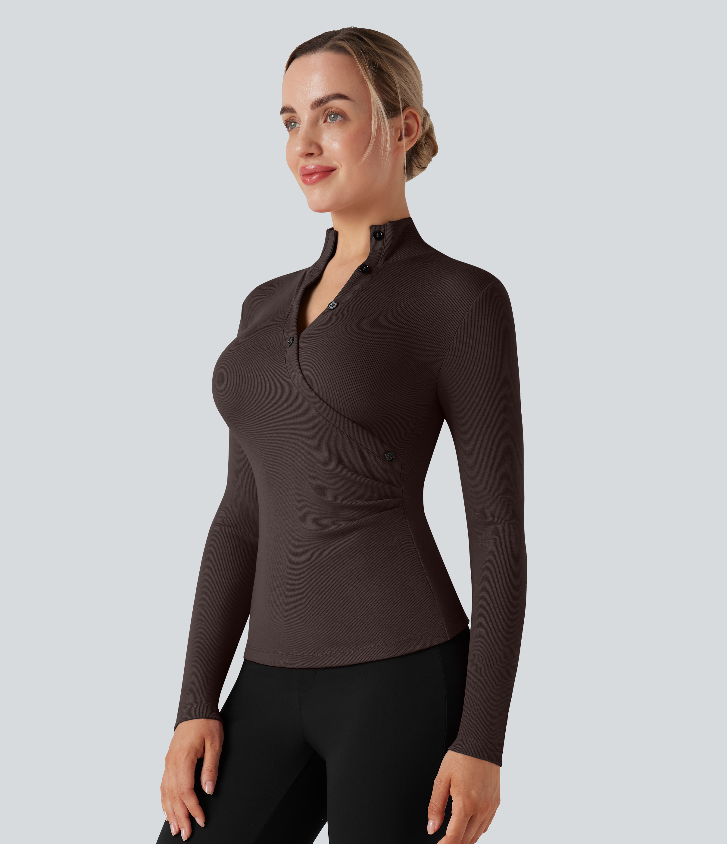 Ribbed Stand Collar Long Sleeve Work T-Shirt