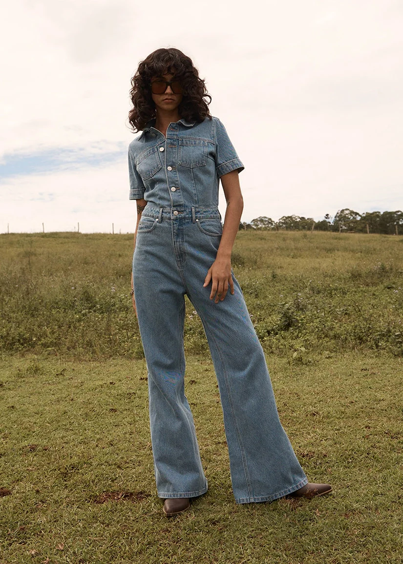 AFENDS Womens Miami - Denim Flared Leg Jumpsuit - Worn Blue