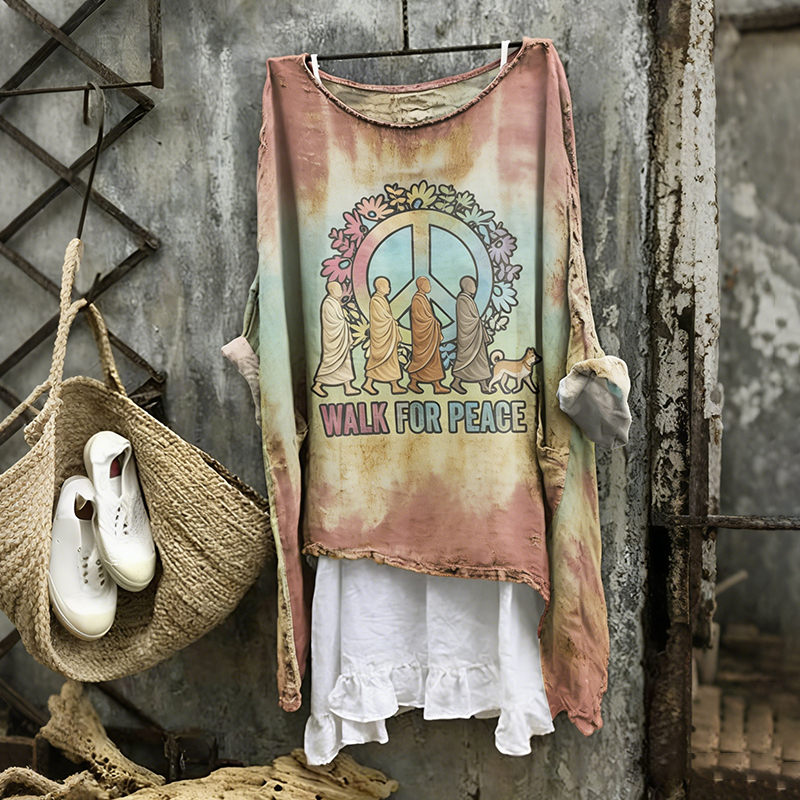 Walk For Peace Aloka Dog In Hippie Tie Dye Art Linen Tunic