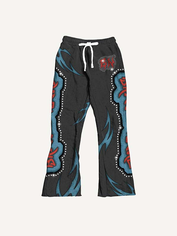 Colorblock Skull&Letter Faux Decal Faux Rhinestones Print Elastic Waist Pants