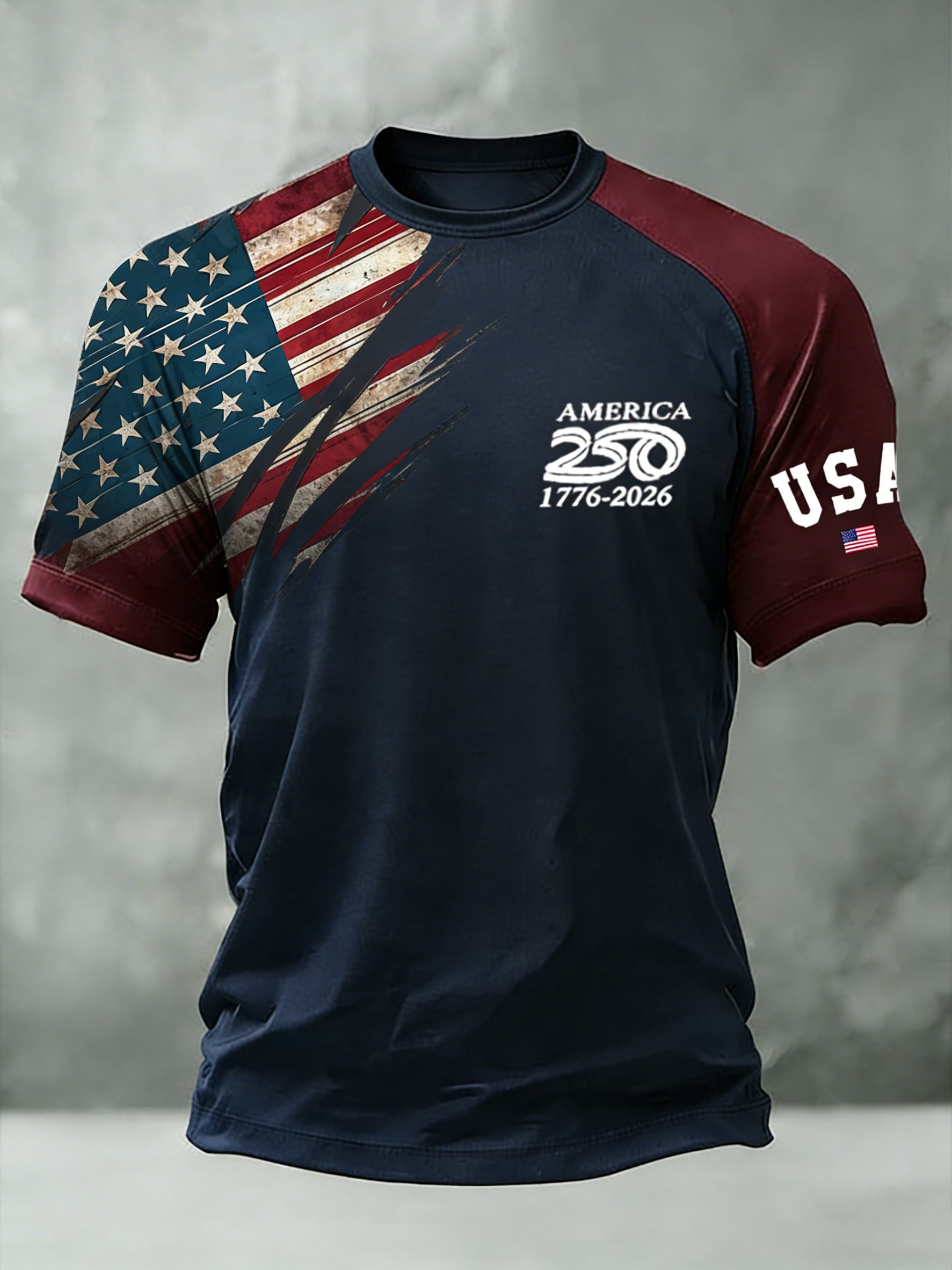 Men'S Casual Short-Sleeved Crew Neck T-Shirt With American 250th Anniversary Commemorative Print.