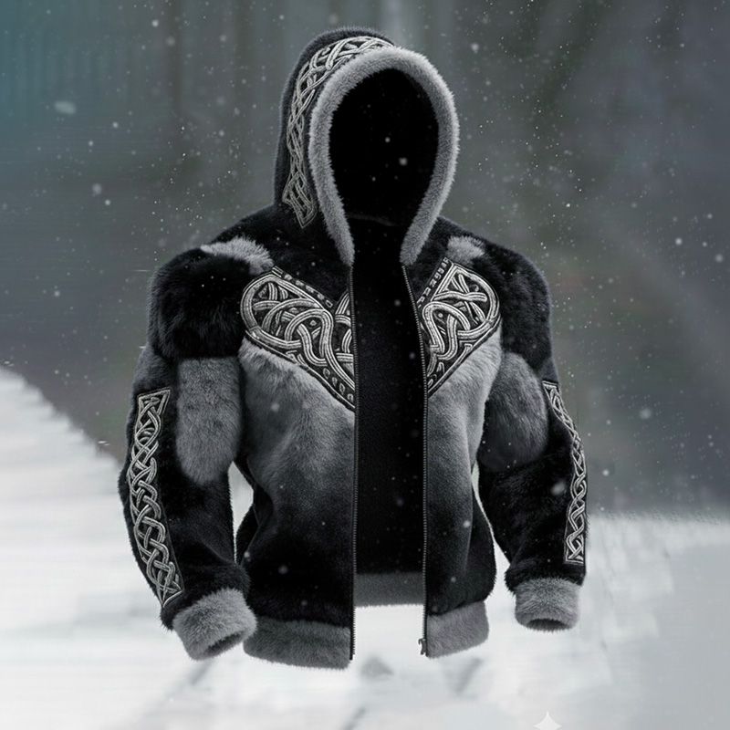Men's Vintage Viking Tribal Jacquard Celtic Art Plush Warm Zipped Hooded Flannel Jacket