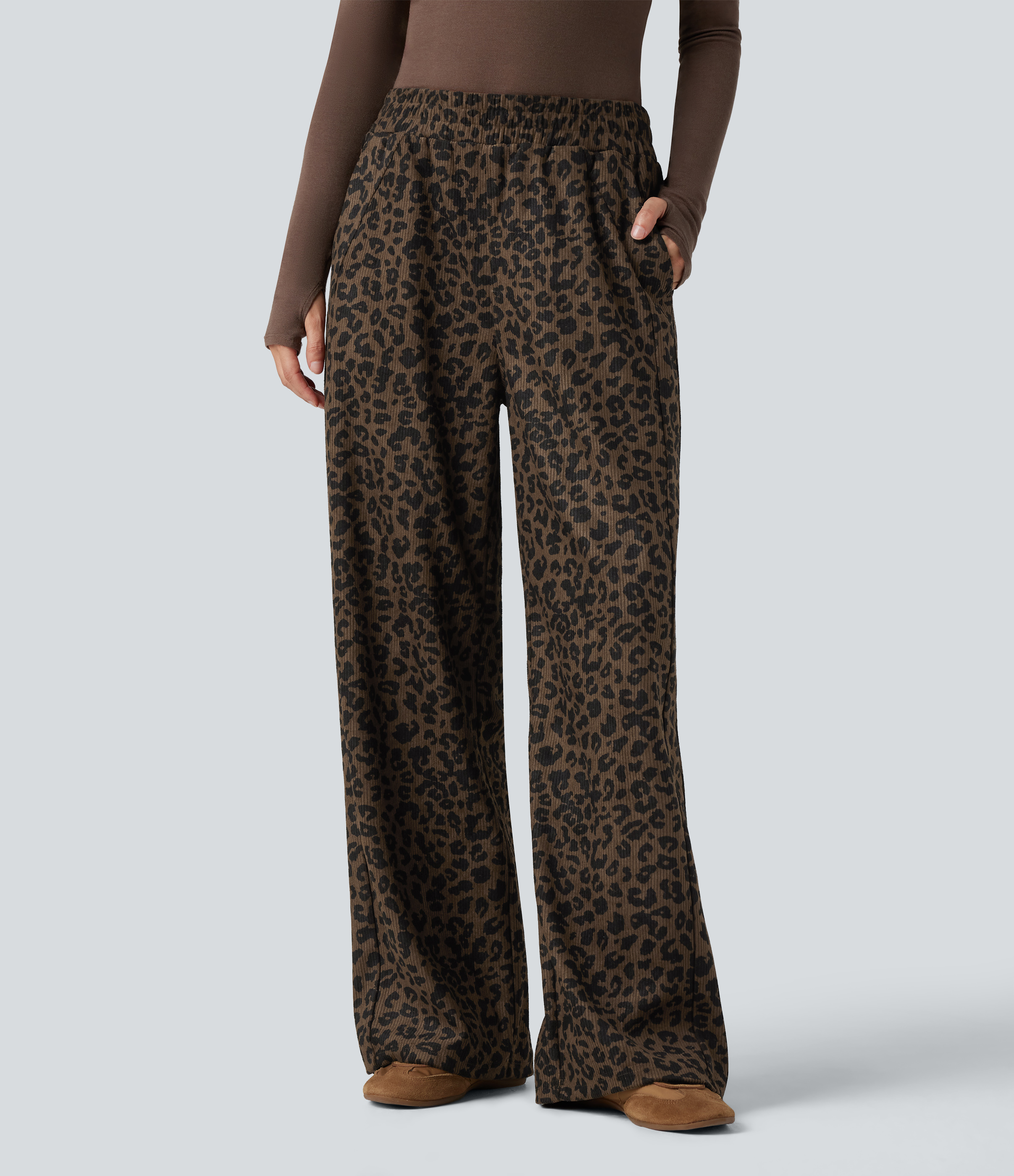 High Waisted Straight Leg Mop Leopard Print Corduroy Casual Pants with Pockets