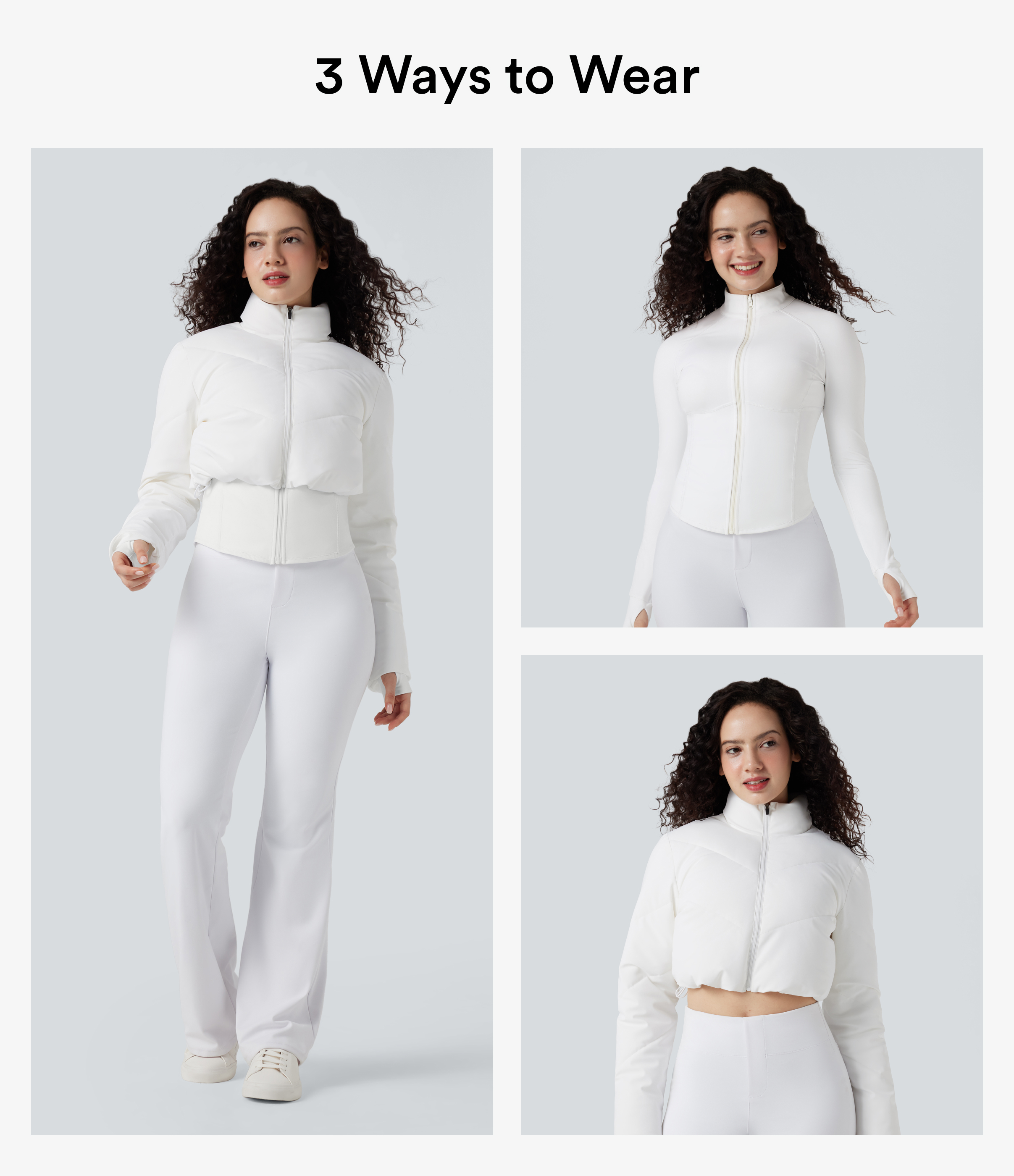 3-in-1 Stand Collar Casual Cropped Stretchy Puffer Coat & Thumb Holes Curved Hem Jacket with Pocket