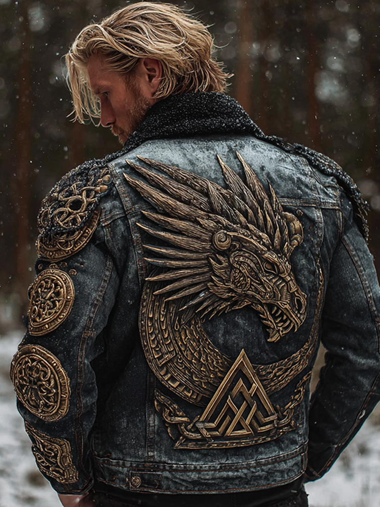 Men's Vintage Viking Celtic Dragon Art Washed Denim Jacket