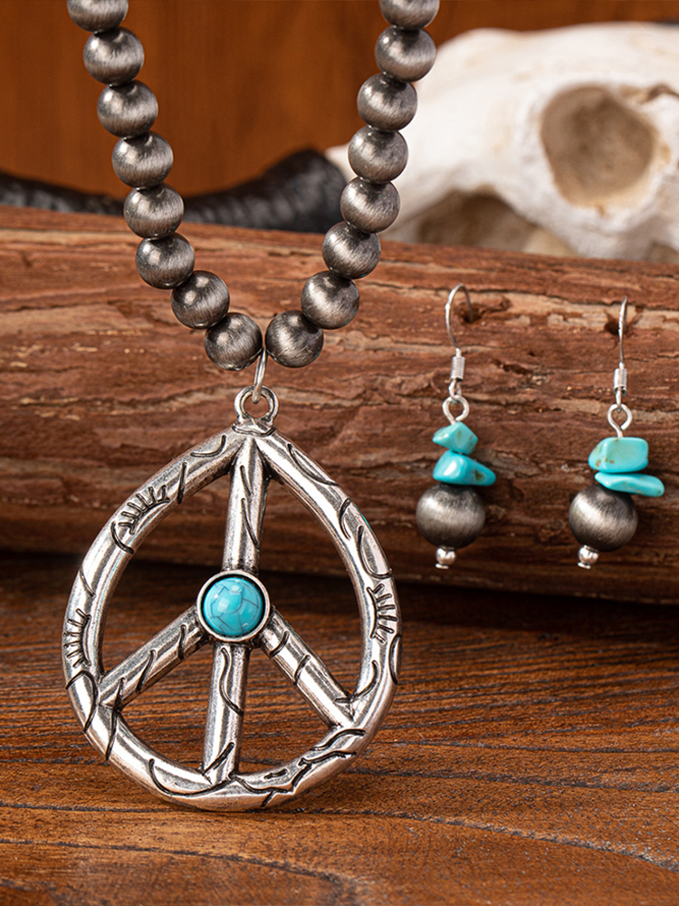 Retro Peace Symbol Water Drop Shape Necklace Earrings Set