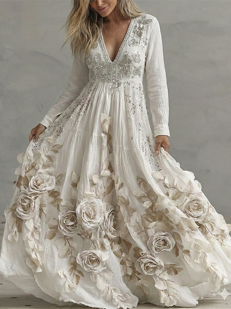 Vintage Boho Floral Art V Neck Maxi Dress