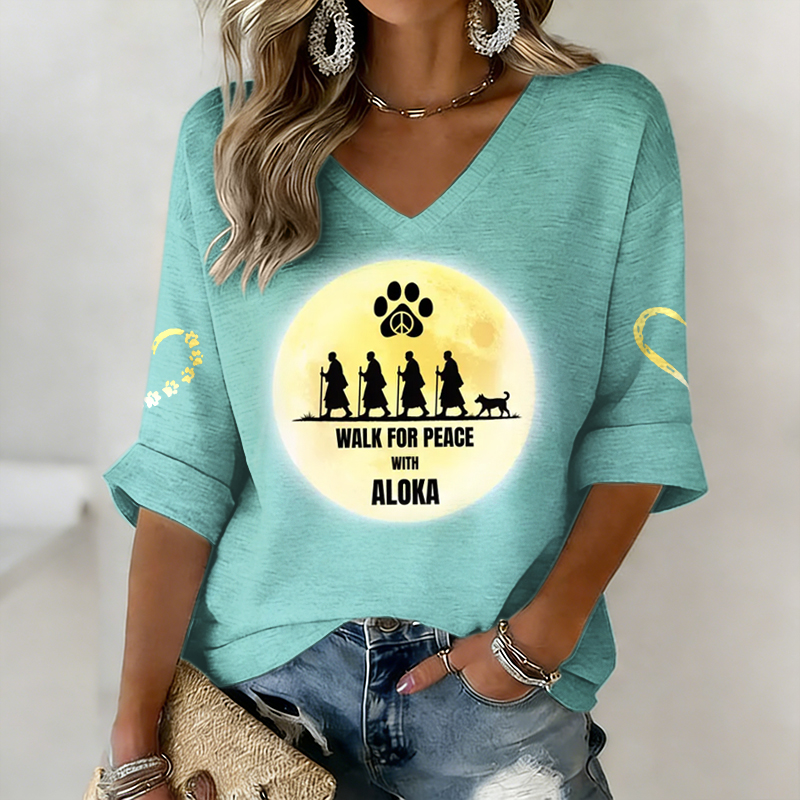 V-neck Retro Walk For Peace With Aloka Print T-shirt