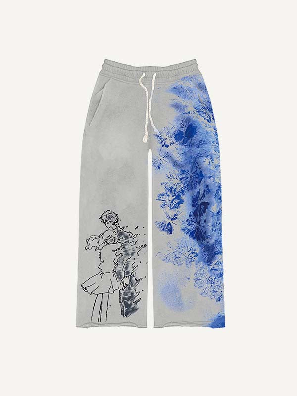 Colorblock Figure&Floral Print Elastic Waist Pants
