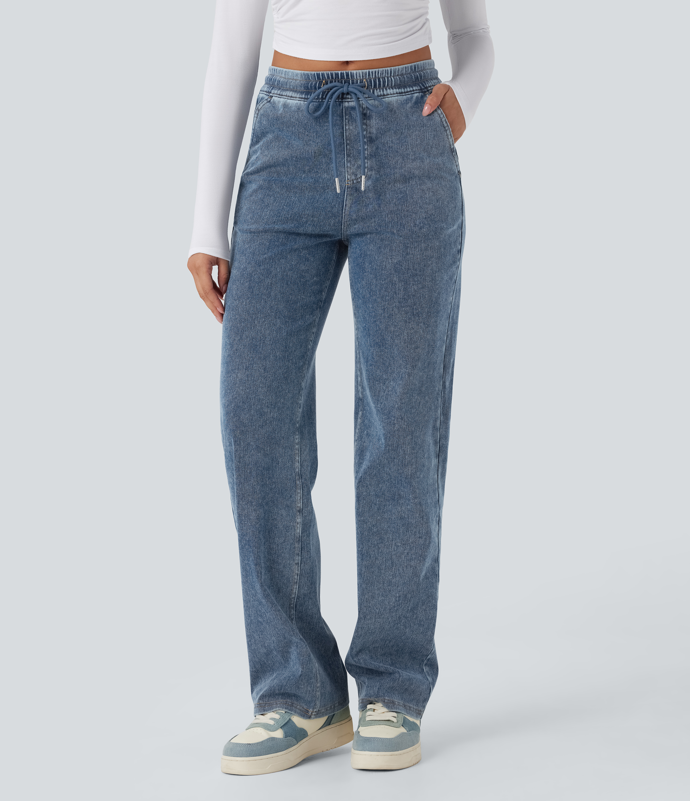 Halara Flex™ Mid Rise Drawstring Straight Leg Casual Sweatpants Jeans with Pockets