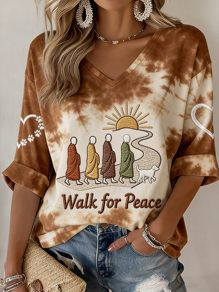 Walk For Peace Tie-dye Cotton Linen Long-sleeve V-neck T-shirt