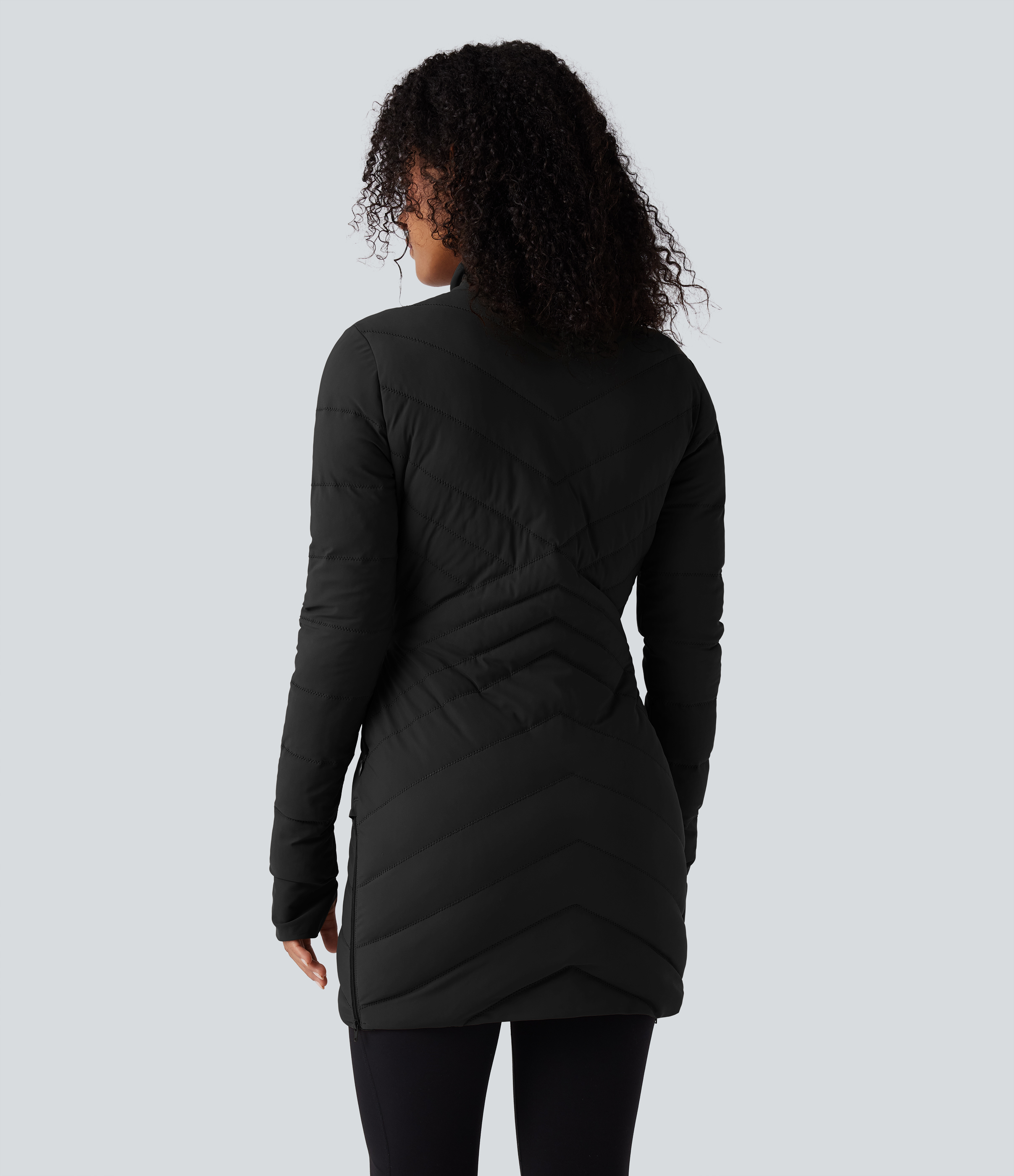 Stand Collar Long Sleeve Thumb Holes Zip Hem Stretchy Slim Casual Padded Jacket with Pockets