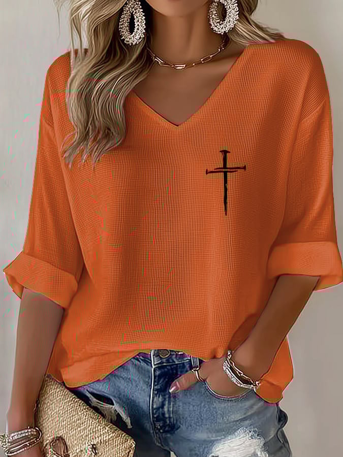 Women's Retro Faith Cross Design Printed Waffle Long Sleeve T-Shirt