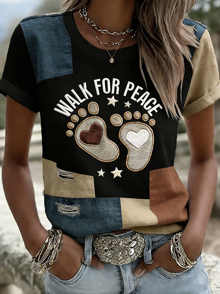 Women's Retro Walk For Peace Art Patchwork Print T-shirt