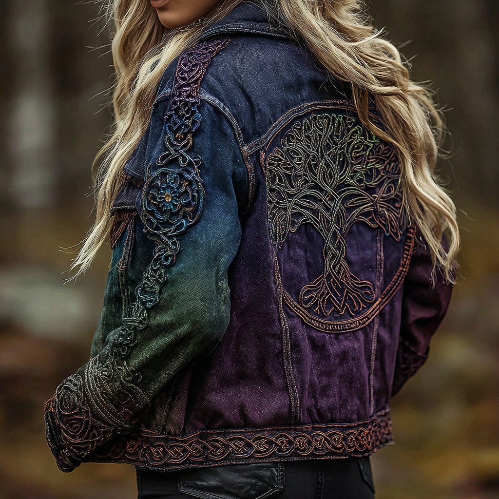 Women's Vintage Viking Celtic Knot Tree Of Life Art Gradient Pattern Denim Jacket