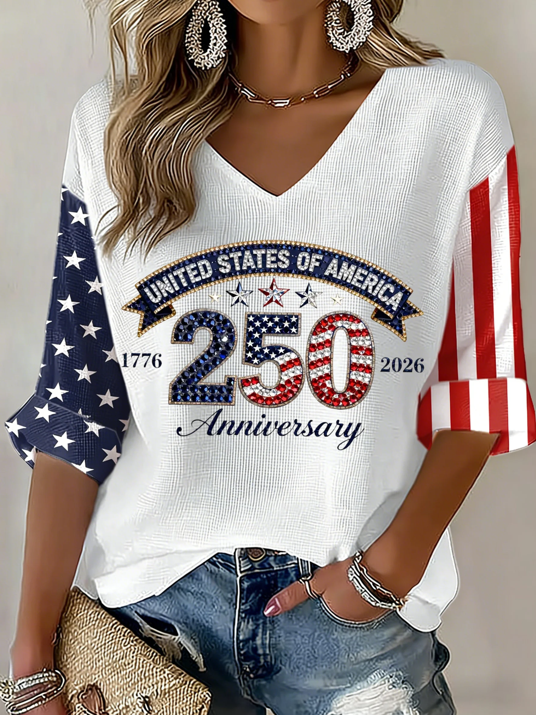 Women's American 250th Anniversary Three-Quarter Sleeve V-Neck Top