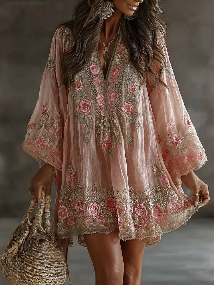 Women's Floral Art Flowy Linen Blend Casual Long Sleeve Mini Dress