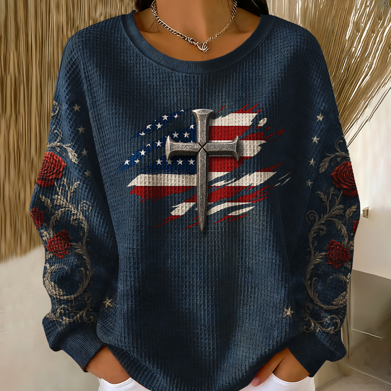 Women's Christianity Faith Cross Print Casual Waffle Sweatshirt