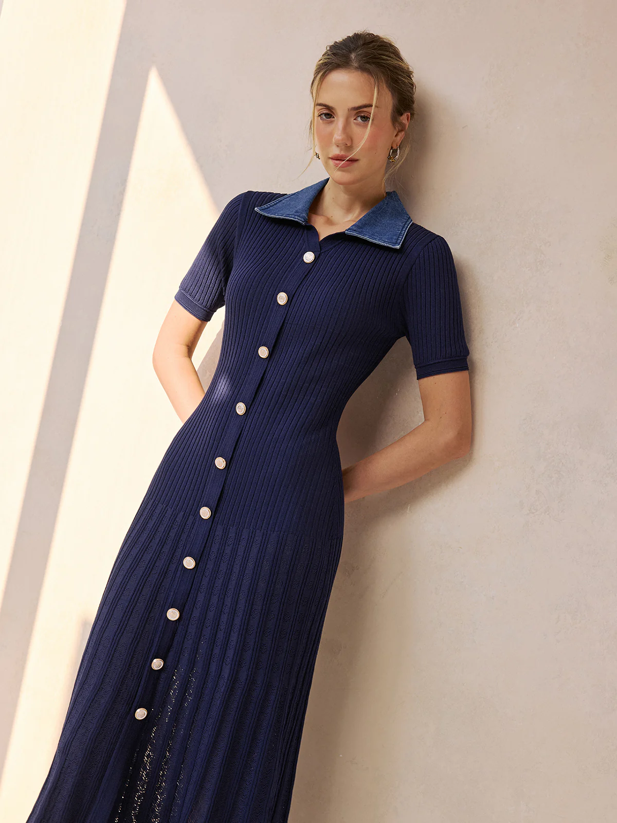 Denim Collar Ribbed Knit Midi Dress