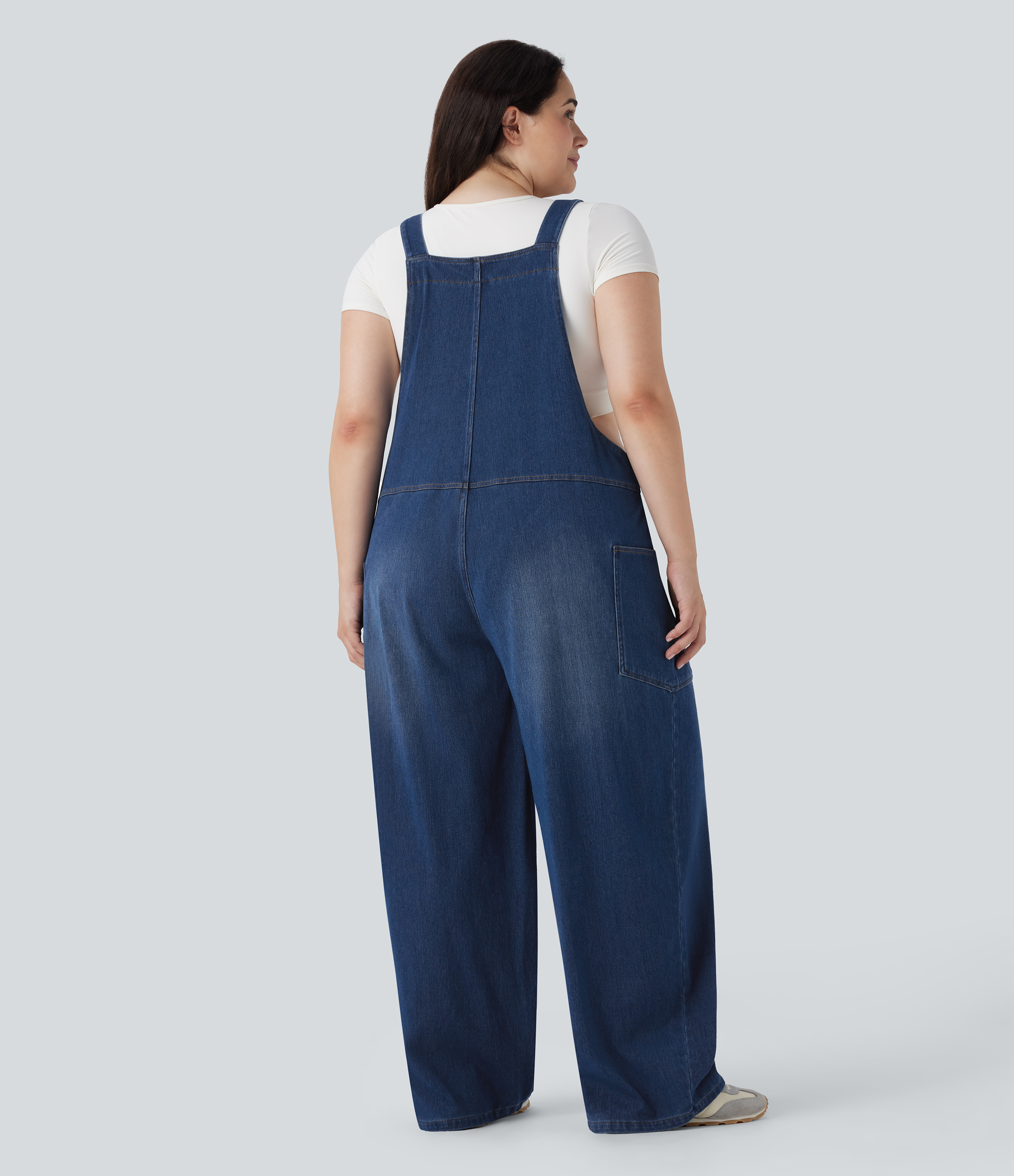 Halara Flex™ V Neck Washed Denim Casual Plus Size Overalls with Pockets