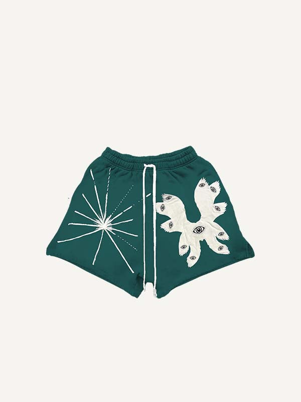 Eye&Wing&Graphic Faux Decal Print Drawstring Waist Shorts