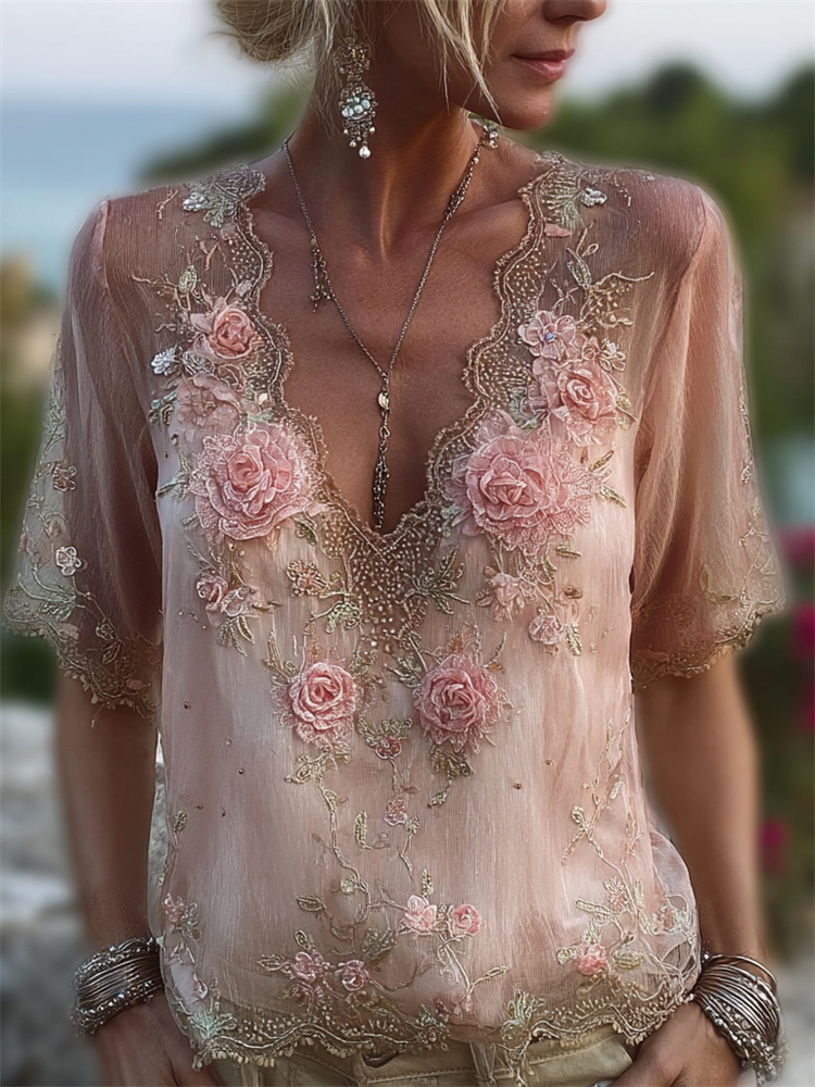 Boho Roses Embroidered Hollow Lace Flowy Linen Tunic