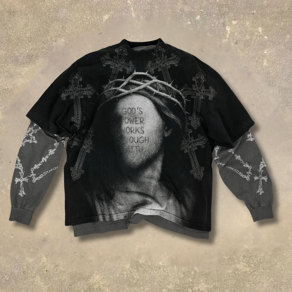 Gothic Crown of Thorns Cross GOD'S POWER Fake Two-Piece Shirt