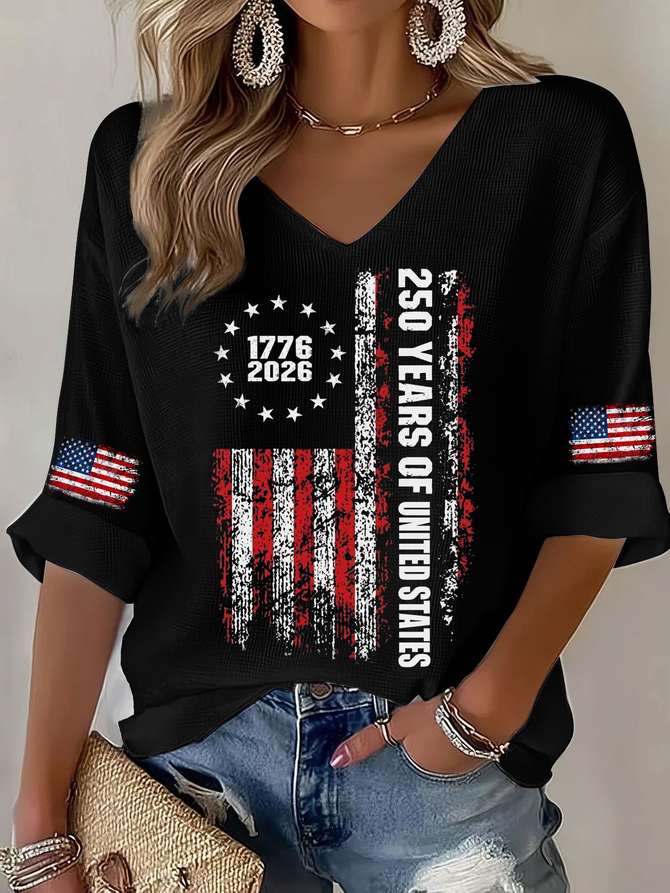 Women’s USA 250th Anniversary Embroidered Print Waffle Knit V-Neck T-Shirt