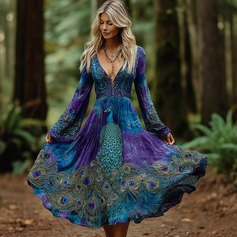 Women's Vintage Peacock And Floral Gradient Pattern Casual Dress