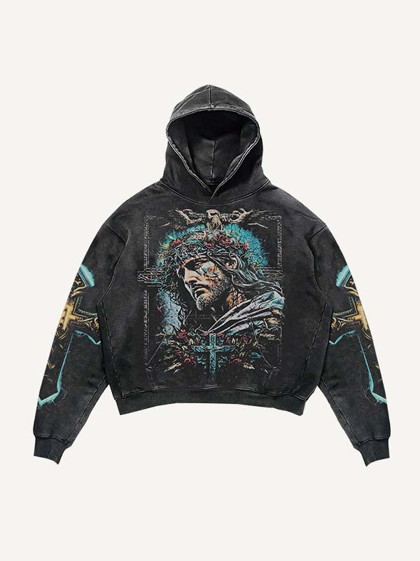 Jesus&Cross Print Slant Pockets Hoodie