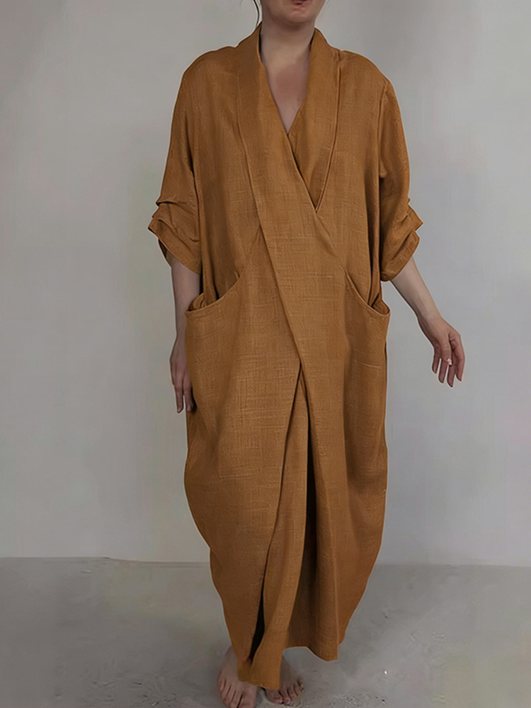 Retro Monk's Robe-style V-neck Cotton Linen Dress