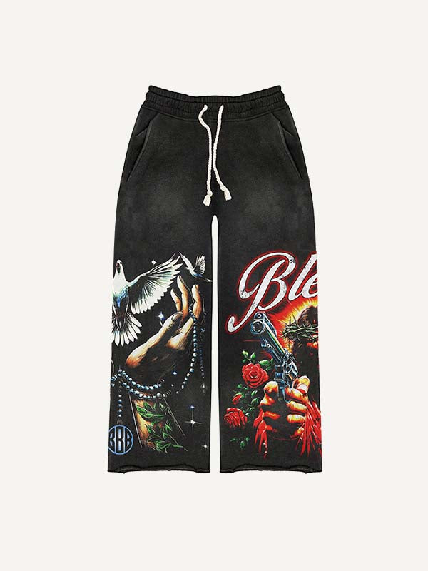 Jesus&Pistol&Floral&Pigeon&Palm&Letter&Graphic Print Elastic Waist Pants