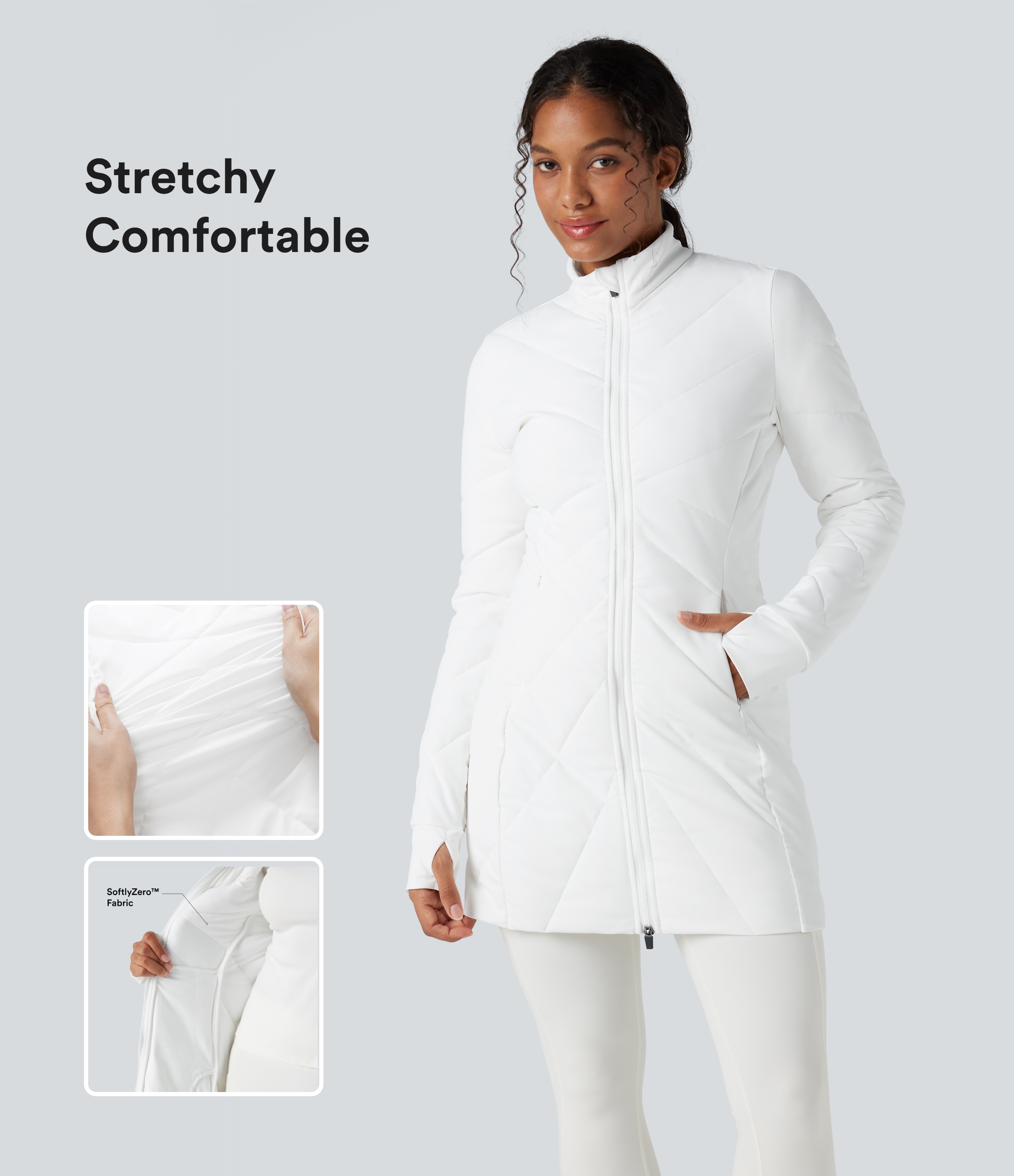 Stand Collar Double Zipper Thumb Holes Casual Stretchy Padded Jacket with Pockets