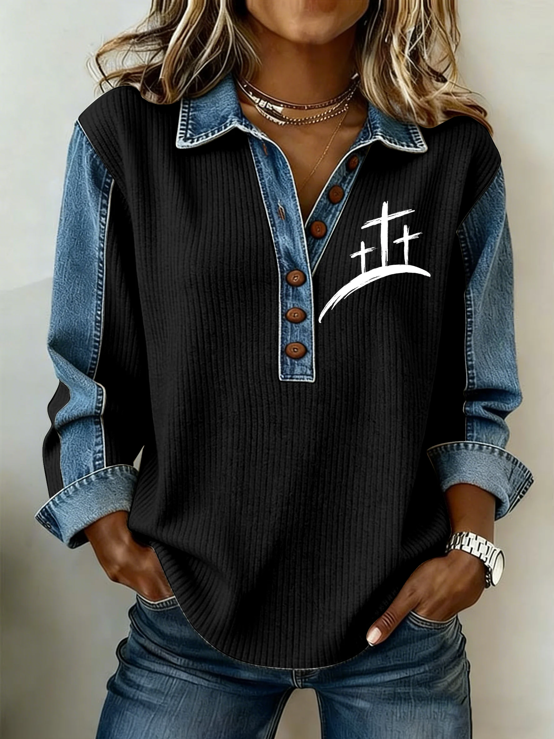 Women's Faith Printed Collar Button-Down Knit Top-Fast Shipping