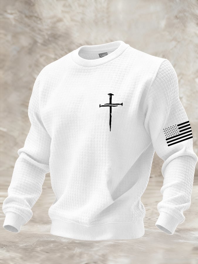 Men's Retro Faith Print Check Crew Neck Sweatshirt