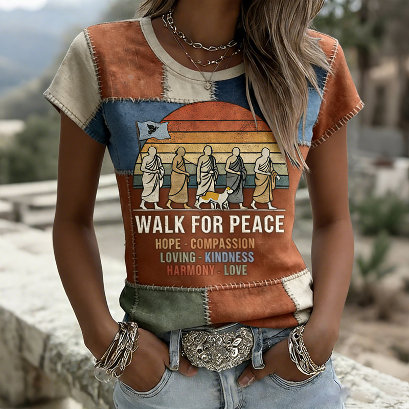 Retro 2026 Walk For Peace Artistic Patchwork Print T-shirt