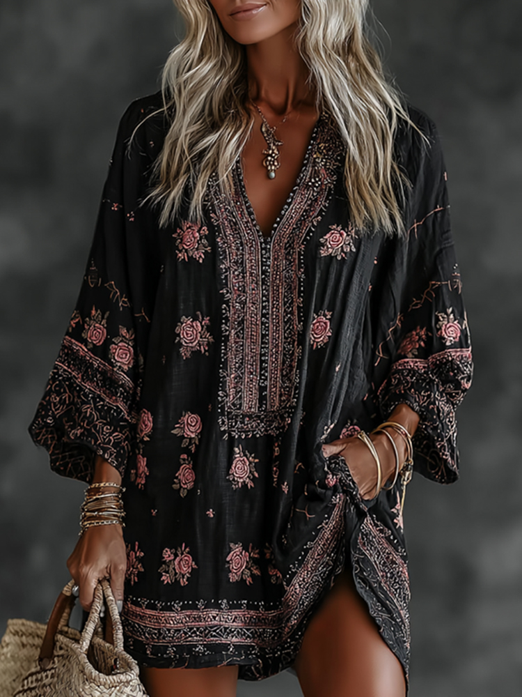 Women's Vintage Floral Art Flowy Linen Blend Casual Round Neck Long Sleeve Maxi Dress
