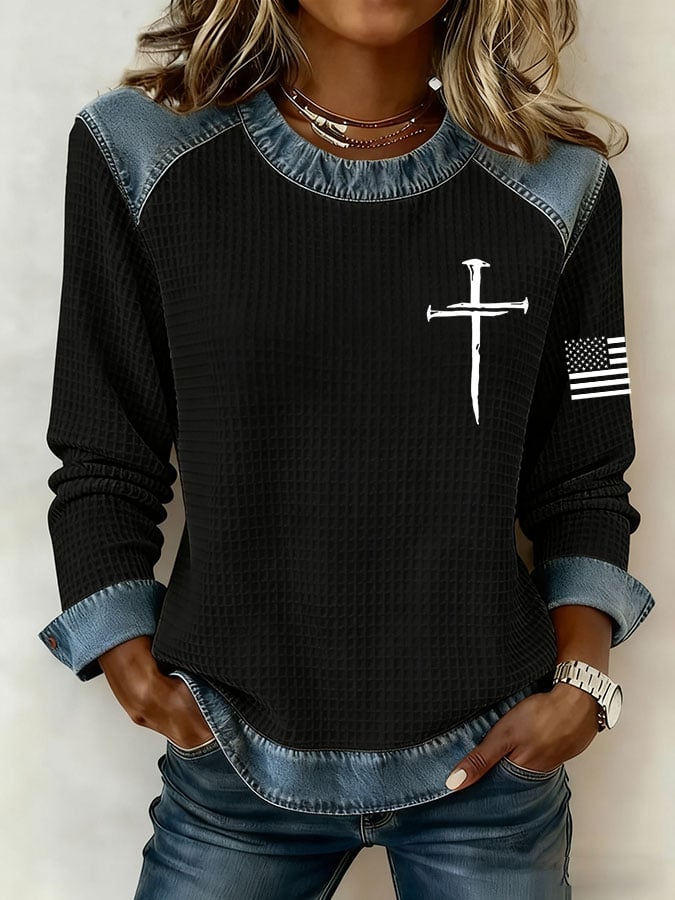 Women's Faith Cross Print Lapel Waffle Stitching Long Sleeve Top