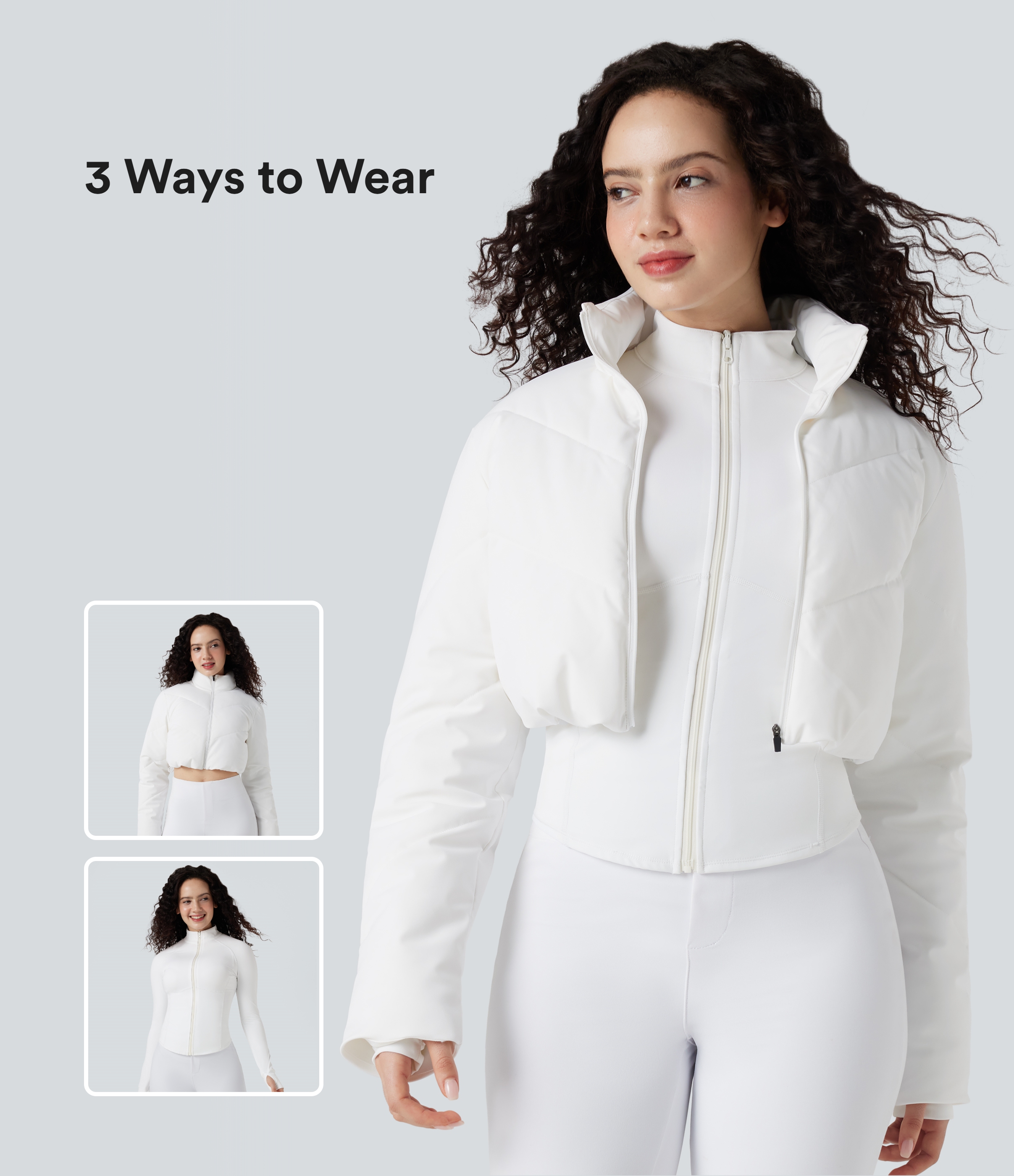 3-in-1 Stand Collar Casual Cropped Stretchy Puffer Coat & Thumb Holes Curved Hem Jacket with Pocket