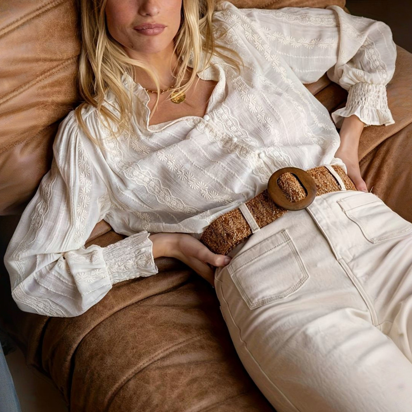 Women's Elegant  Lace Cotton And Linen Blouse