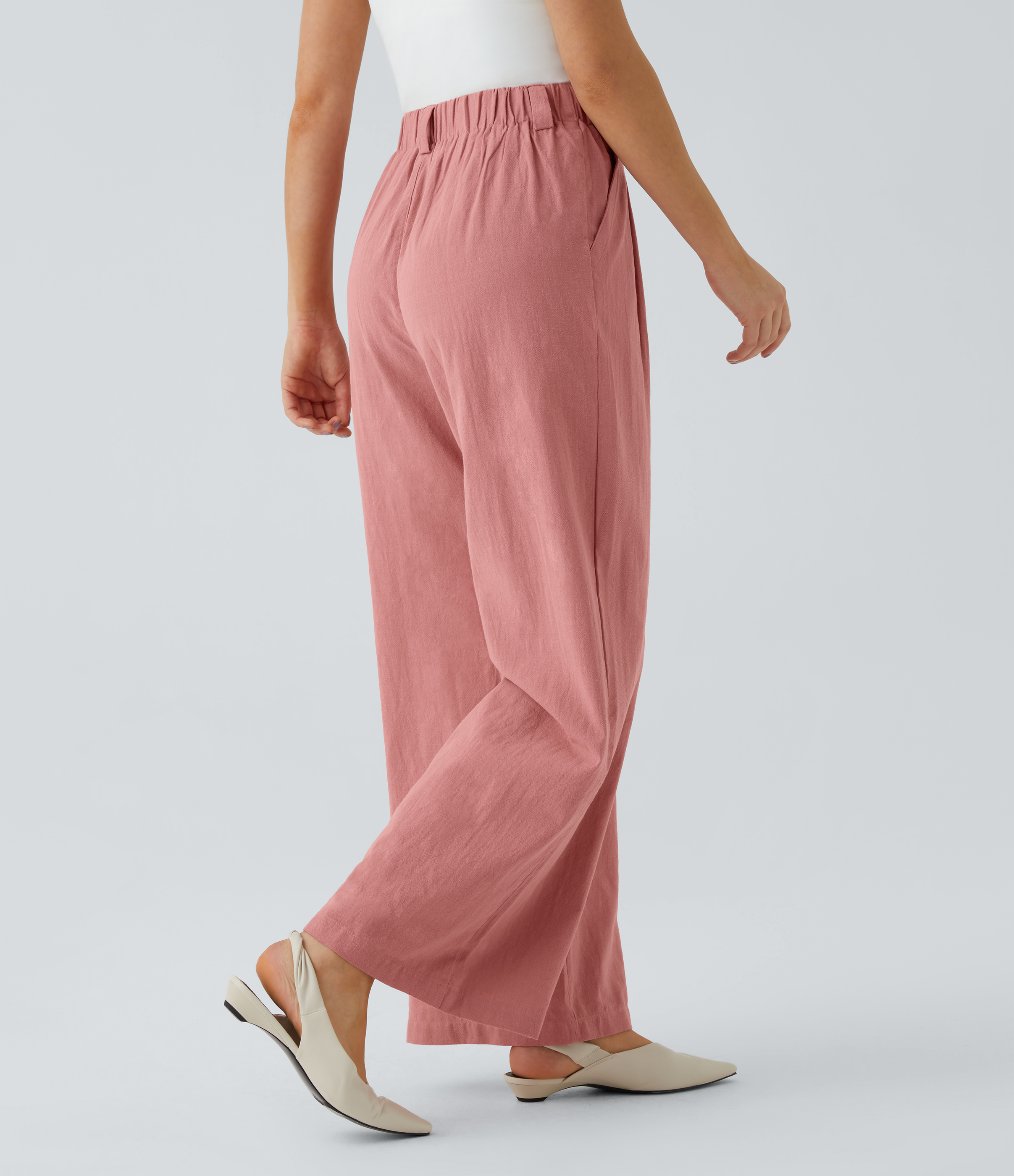 High Waisted Pocket Wide Leg Flowy Solid Palazzo Casual Linen-Feel Pants