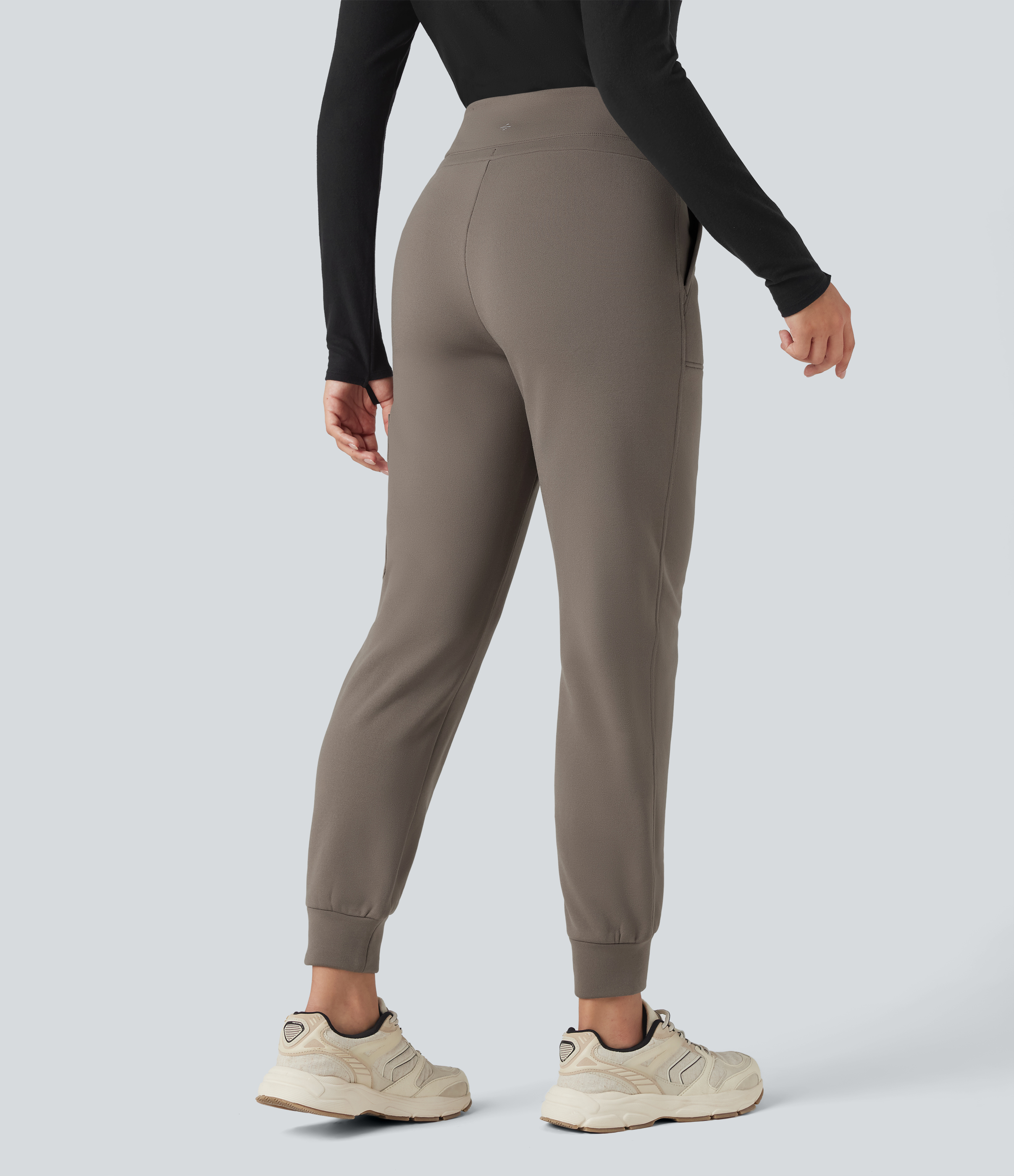 High Waisted Drawstring Tapered Fleece Hiking Joggers with Pockets